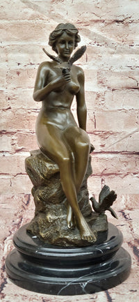 French Sitting Lady Female with Birds by Preiss Genuine Bronze Sculpture Statue