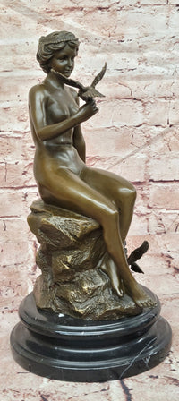 French Sitting Lady Female with Birds by Preiss Genuine Bronze Sculpture Statue