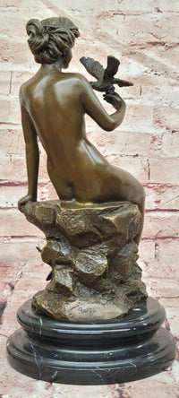 French Sitting Lady Female with Birds by Preiss Genuine Bronze Sculpture Statue