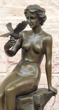 French Sitting Lady Female with Birds by Preiss Genuine Bronze Sculpture Statue
