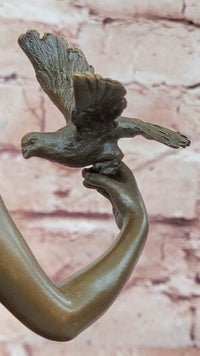 French Sitting Lady Female with Birds by Preiss Genuine Bronze Sculpture Statue