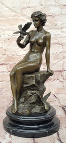 French Sitting Lady Female with Birds by Preiss Genuine Bronze Sculpture Statue