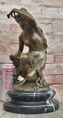 Signed Original Jean Patoue Nude Woman Holding Rose Flower Bronze Sculpture Statue