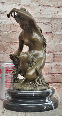Signed Original Jean Patoue Nude Woman Holding Rose Flower Bronze Sculpture Statue