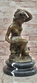 Signed Original Jean Patoue Nude Woman Holding Rose Flower Bronze Sculpture Statue