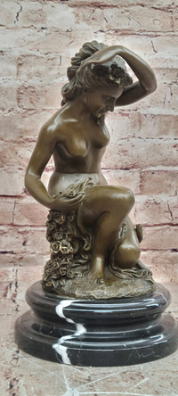 Signed Original Jean Patoue Nude Woman Holding Rose Flower Bronze Sculpture Statue
