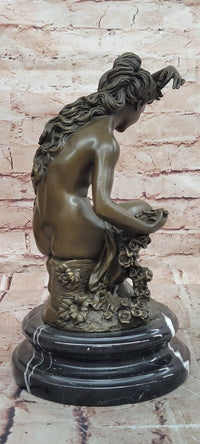 Signed Original Jean Patoue Nude Woman Holding Rose Flower Bronze Sculpture Statue
