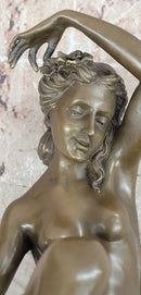 Signed Original Jean Patoue Nude Woman Holding Rose Flower Bronze Sculpture Statue