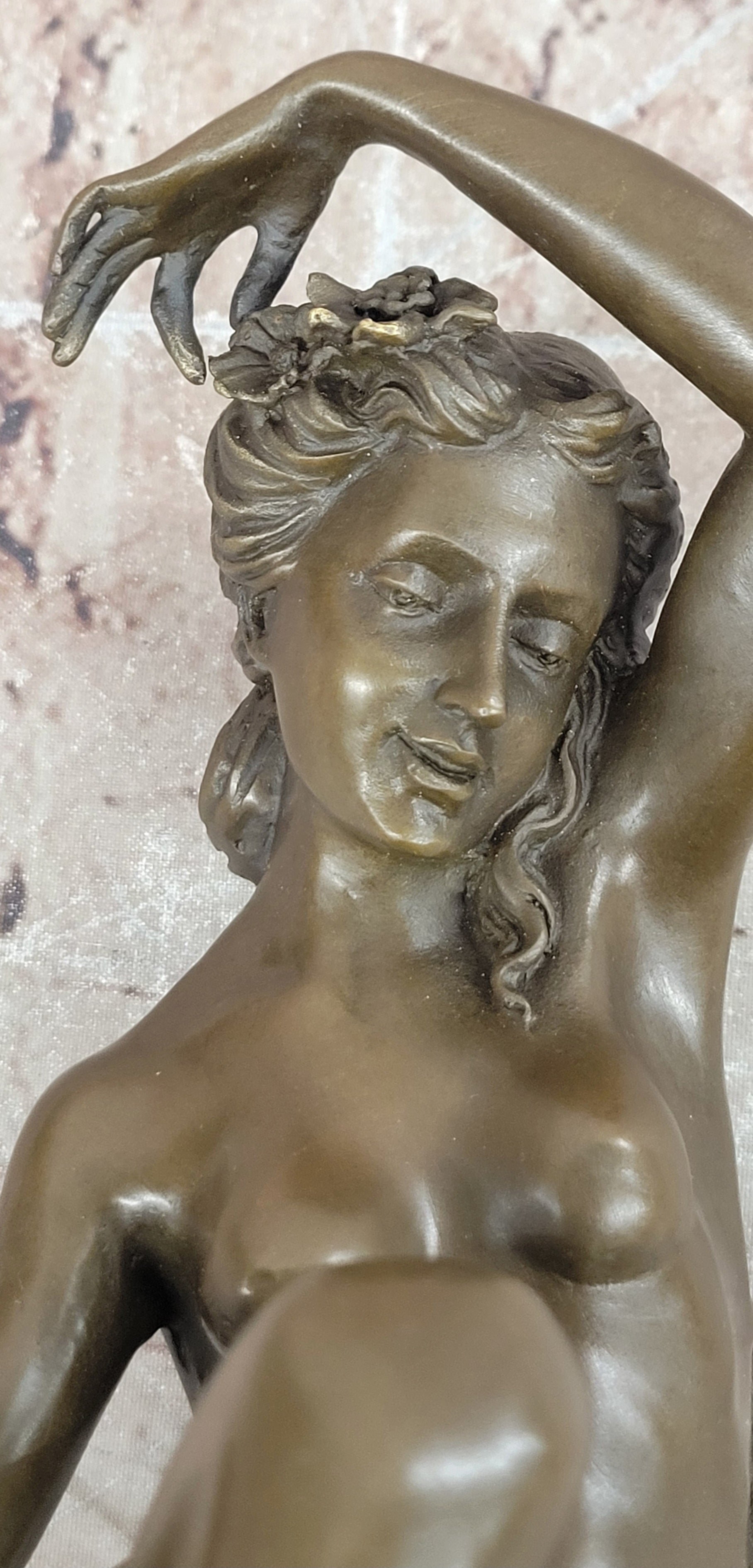 Signed Original Jean Patoue Nude Woman Holding Rose Flower Bronze Sculpture Statue