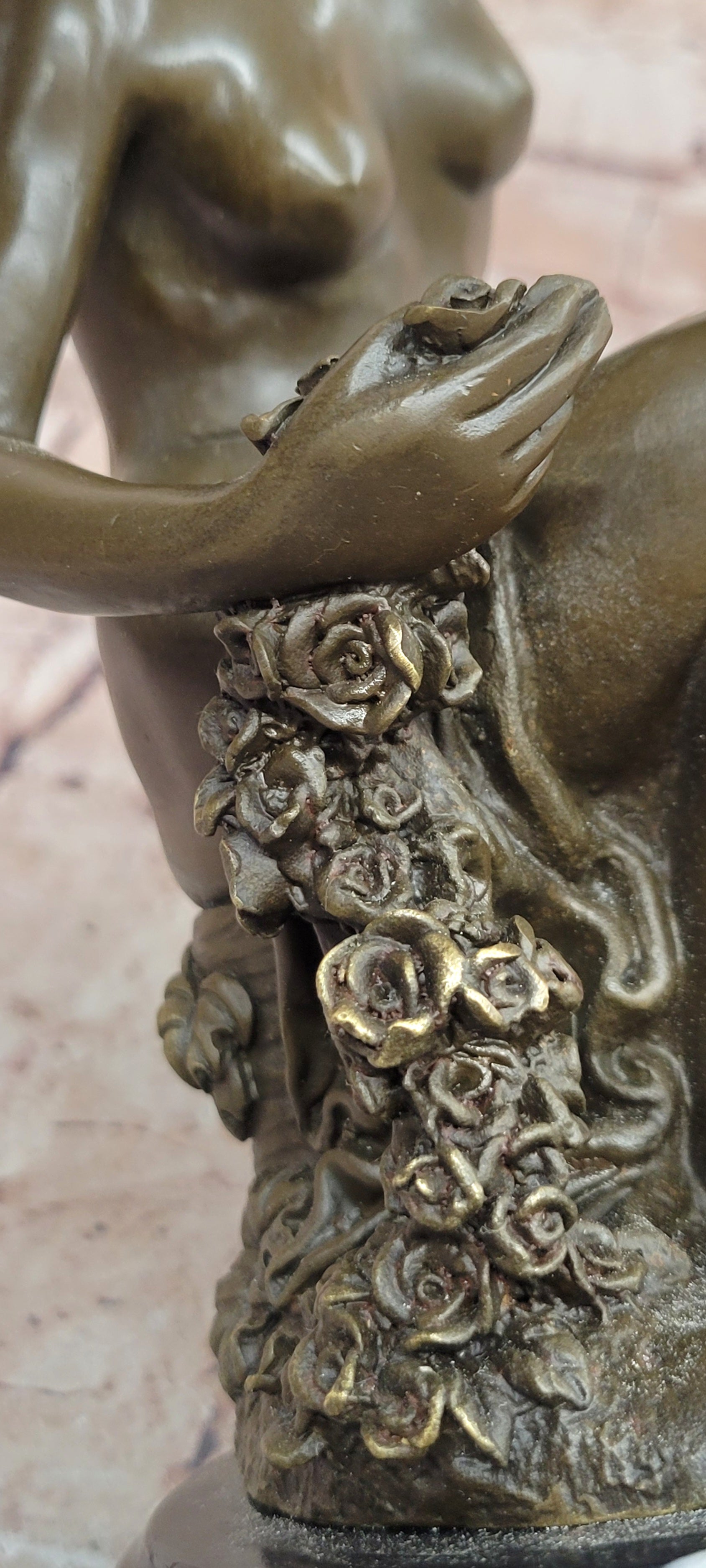 Signed Original Jean Patoue Nude Woman Holding Rose Flower Bronze Sculpture Statue
