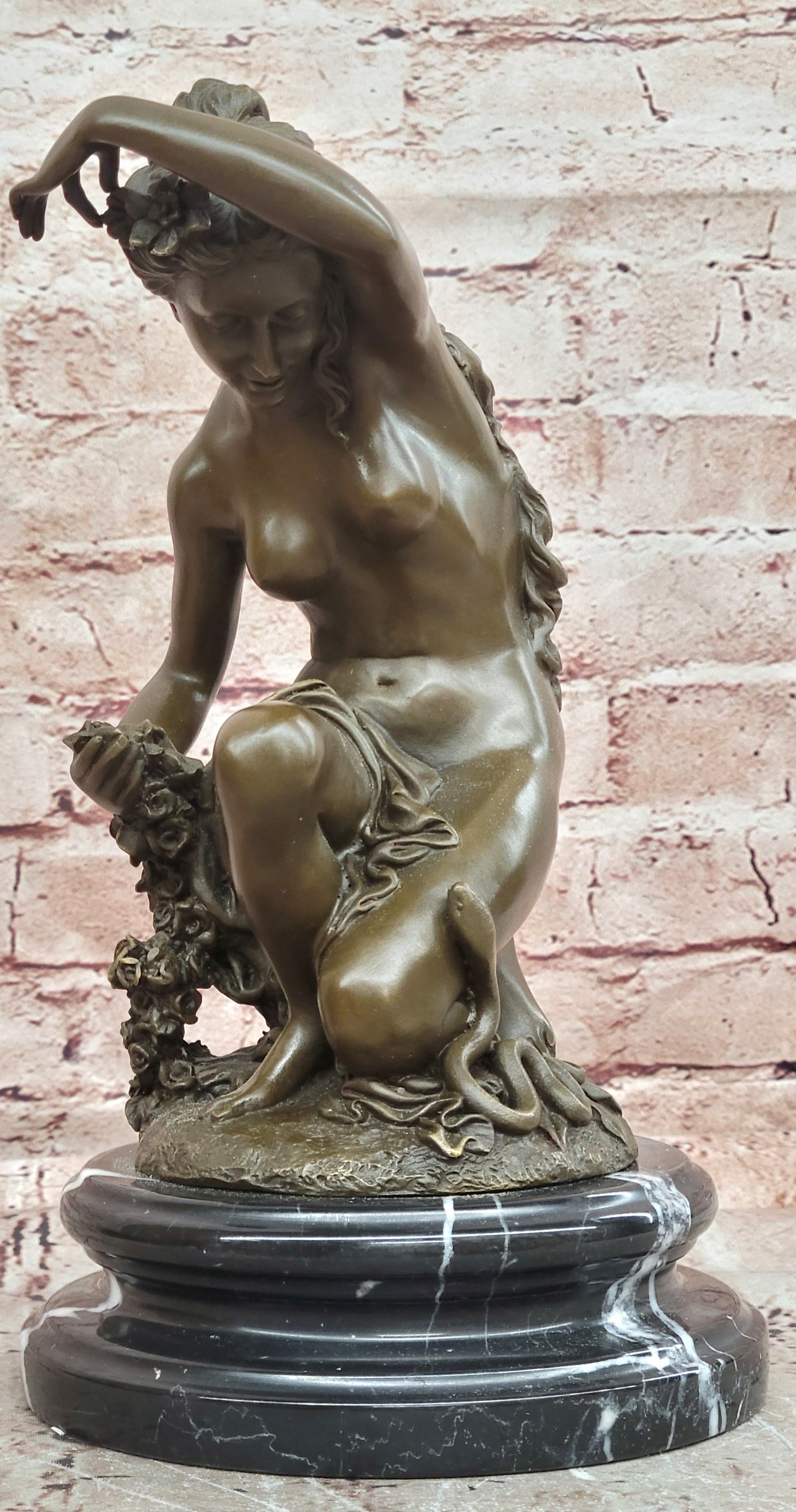 Signed Original Jean Patoue Nude Woman Holding Rose Flower Bronze Sculpture Statue