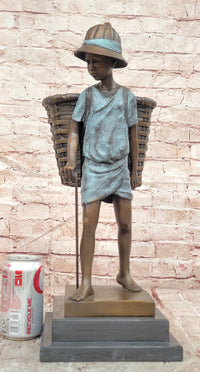 Charming Genuine Bronze Sculpture A Farmers Boy Signed Cesaro Figurine