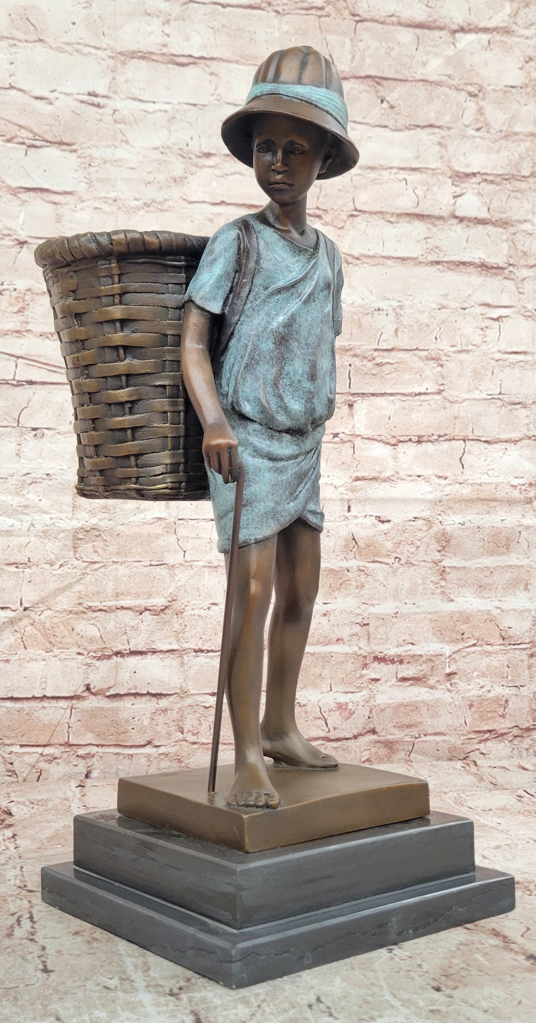 Charming Genuine Bronze Sculpture A Farmers Boy Signed Cesaro Figurine