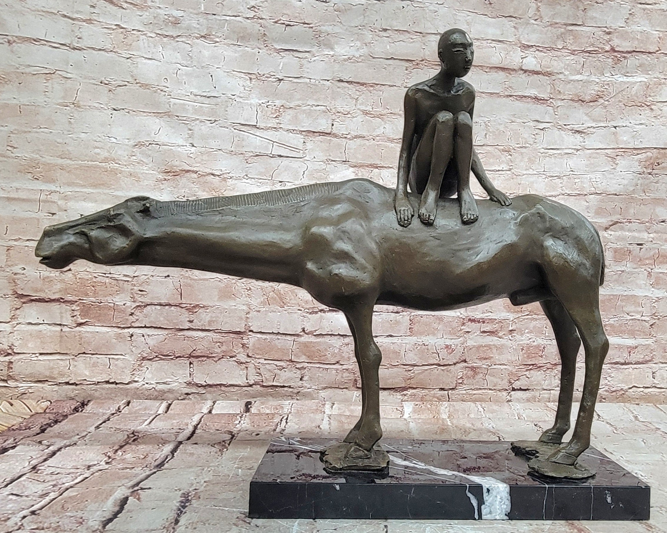 Modern Bronze Sculpture Boy Sitting on Horseback Signed Statue Hot Cast Figure