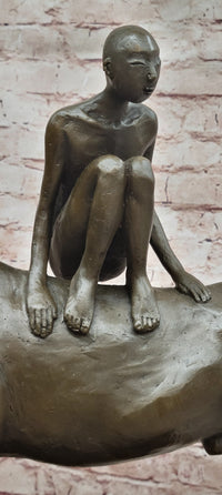 Modern Bronze Sculpture Boy Sitting on Horseback Signed Statue Hot Cast Figure