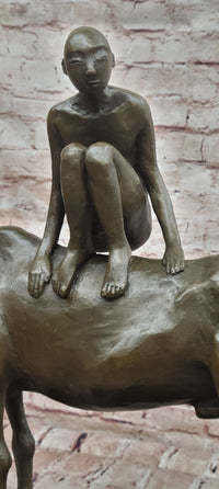 Modern Bronze Sculpture Boy Sitting on Horseback Signed Statue Hot Cast Figure
