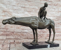 Modern Bronze Sculpture Boy Sitting on Horseback Signed Statue Hot Cast Figure