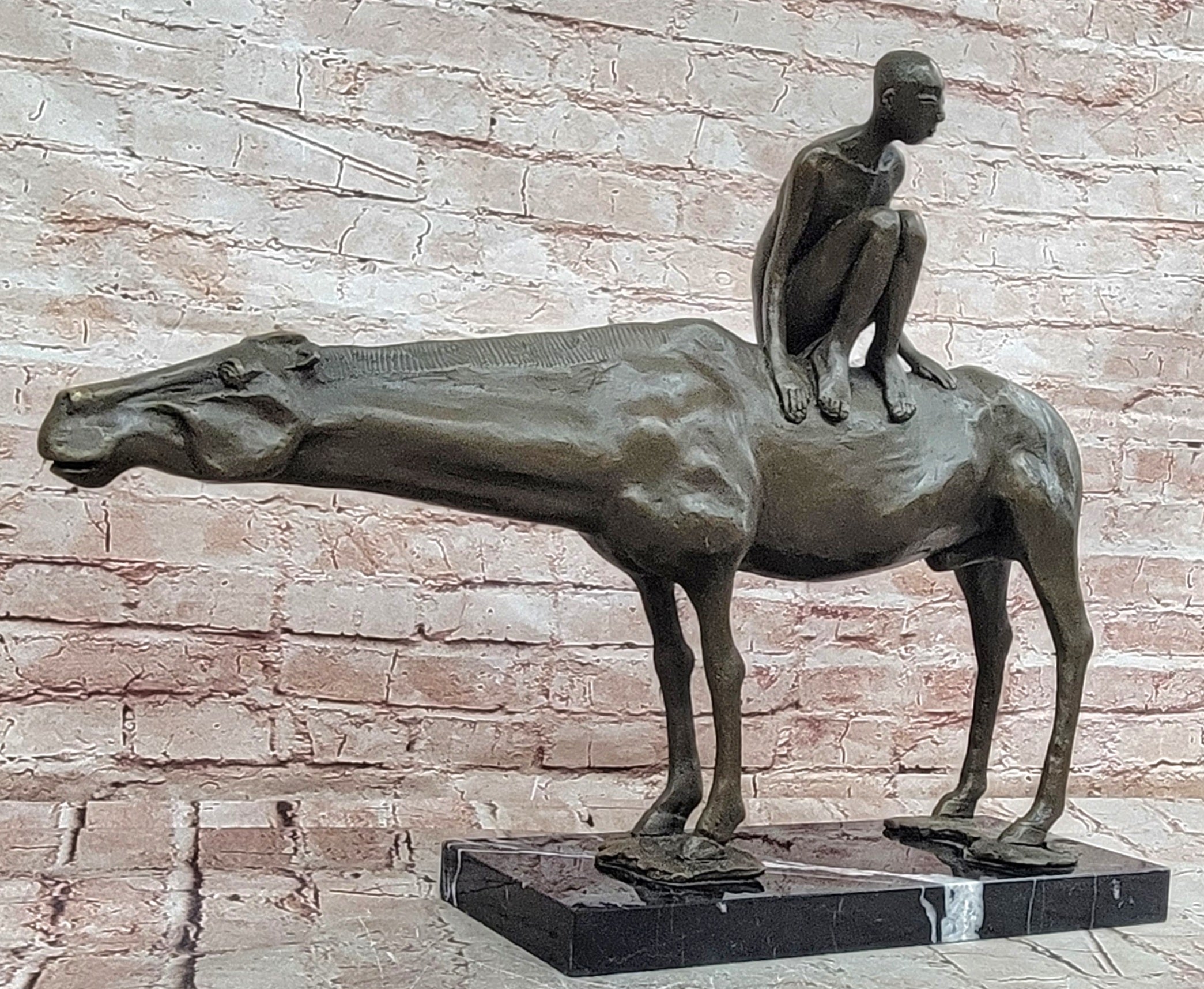 Modern Bronze Sculpture Boy Sitting on Horseback Signed Statue Hot Cast Figure