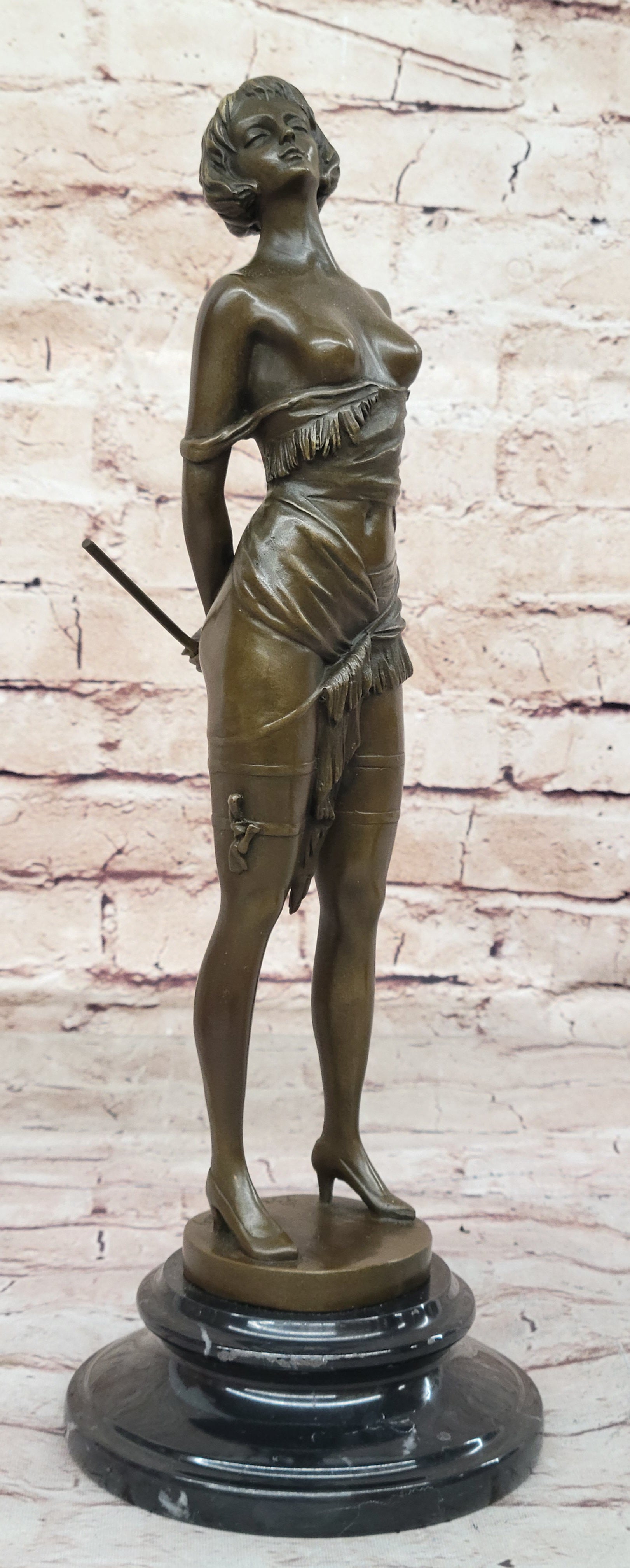 The Riding Crop by Bruno Zach - Semi Nude Female Figure Sculpture on Marble Base