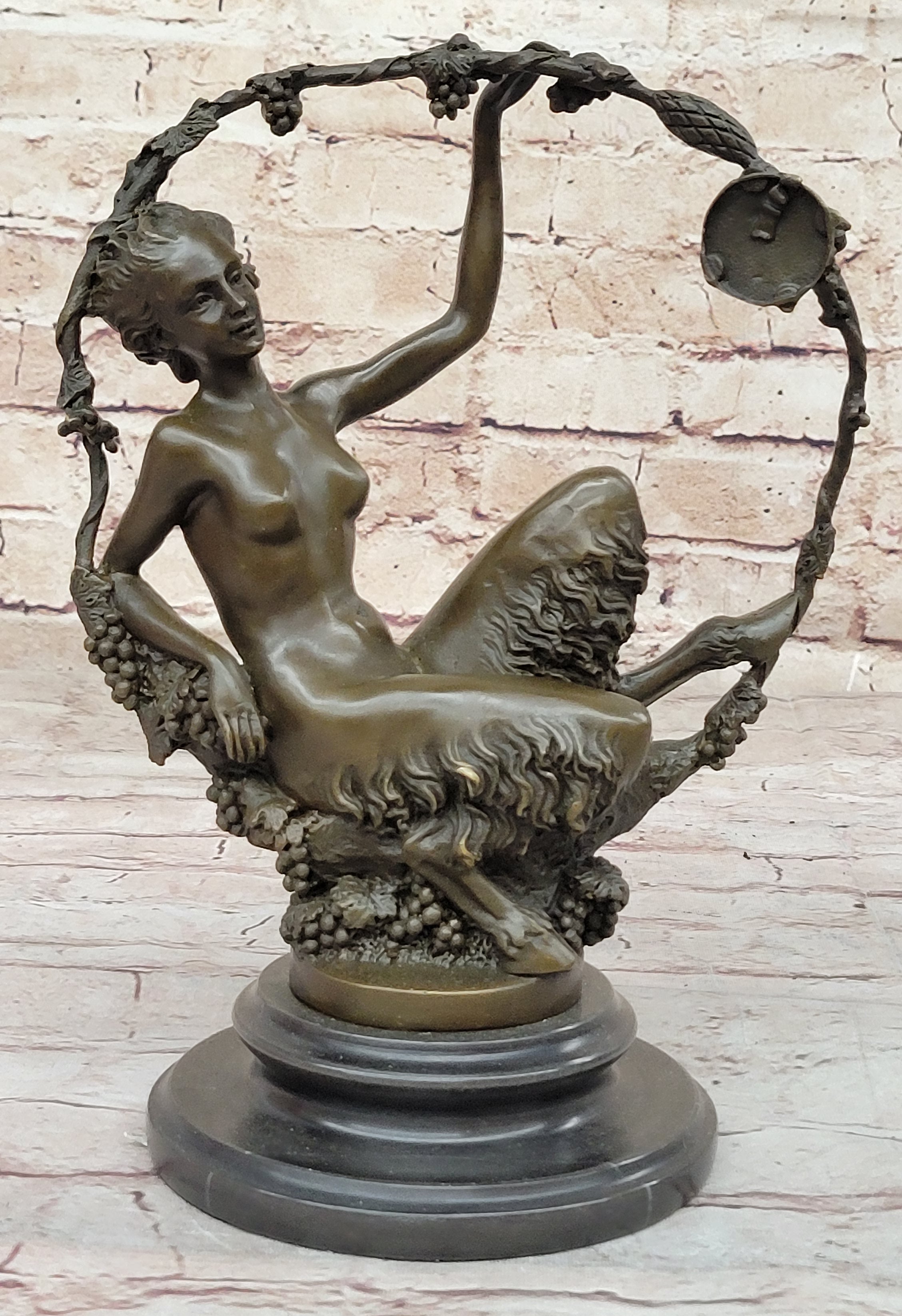 Nude Female Faun in Wreath of Vines Bronze Sculpture Statue Art after Aurore Onu