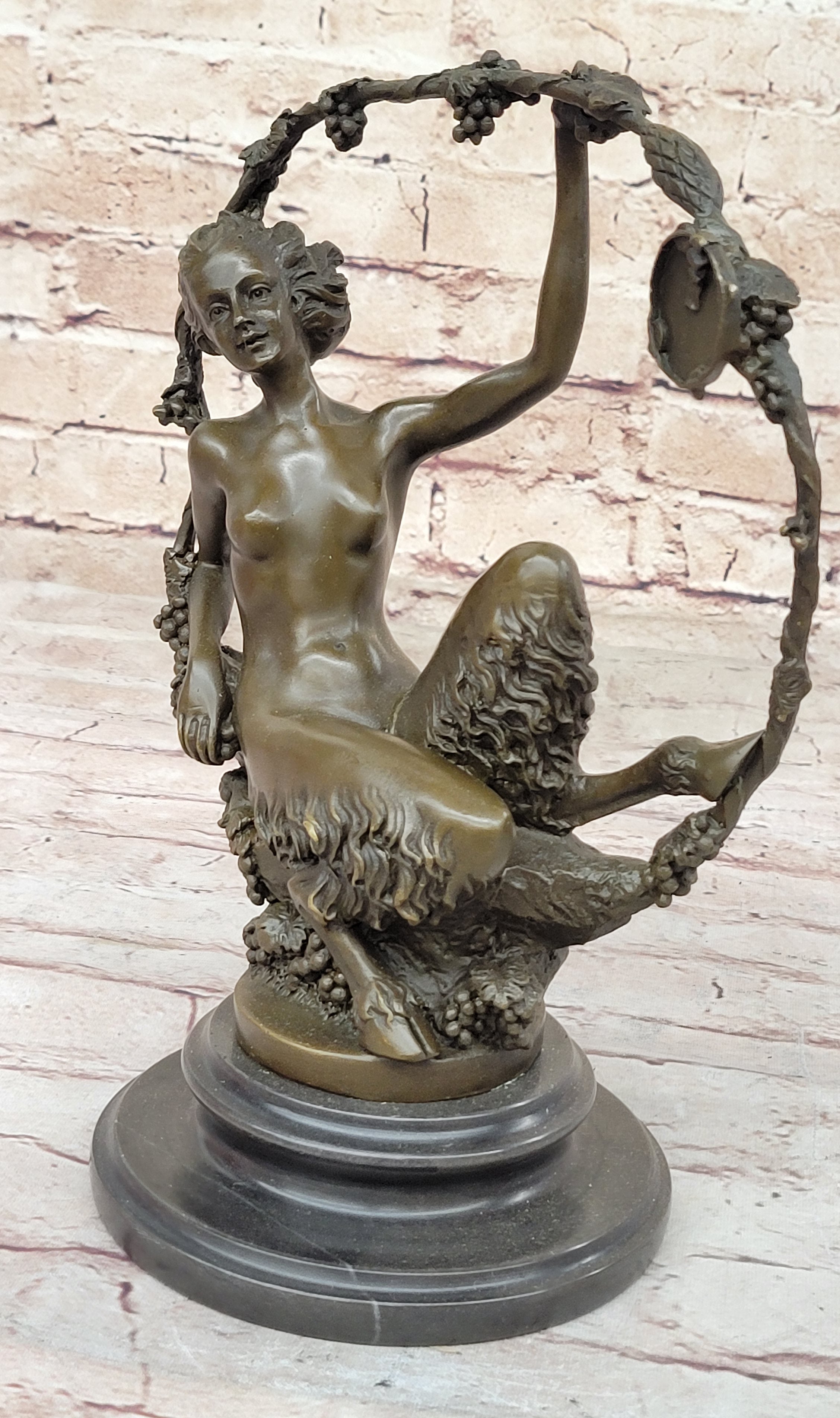 Nude Female Faun in Wreath of Vines Bronze Sculpture Statue Art after Aurore Onu