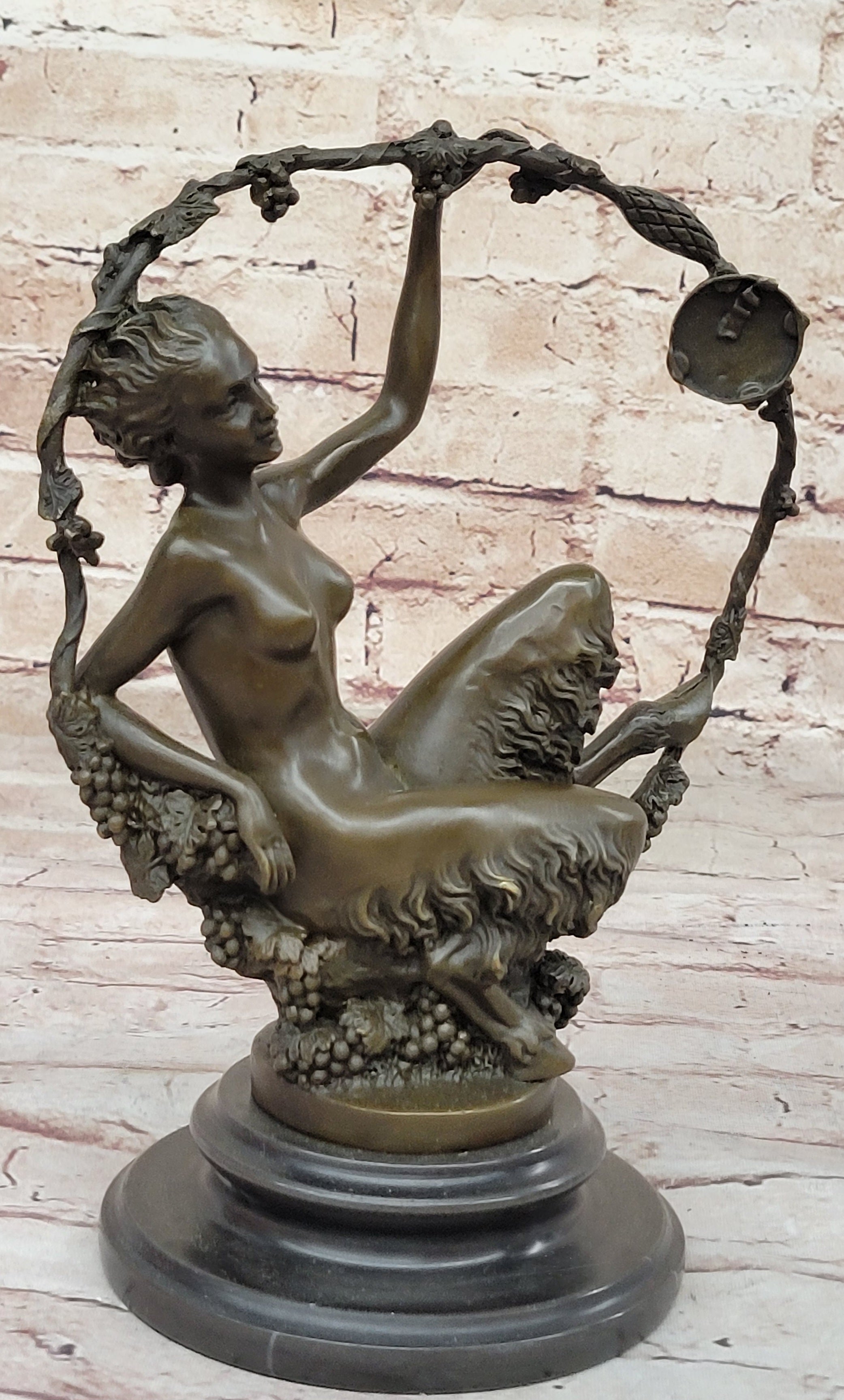 Nude Female Faun in Wreath of Vines Bronze Sculpture Statue Art after Aurore Onu