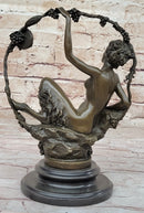 Nude Female Faun in Wreath of Vines Bronze Sculpture Statue Art after Aurore Onu