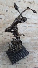 Fire Dancer Girl with Torches Bronze Sculpture Marble Base