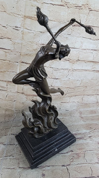 Fire Dancer Girl with Torches Bronze Sculpture Marble Base
