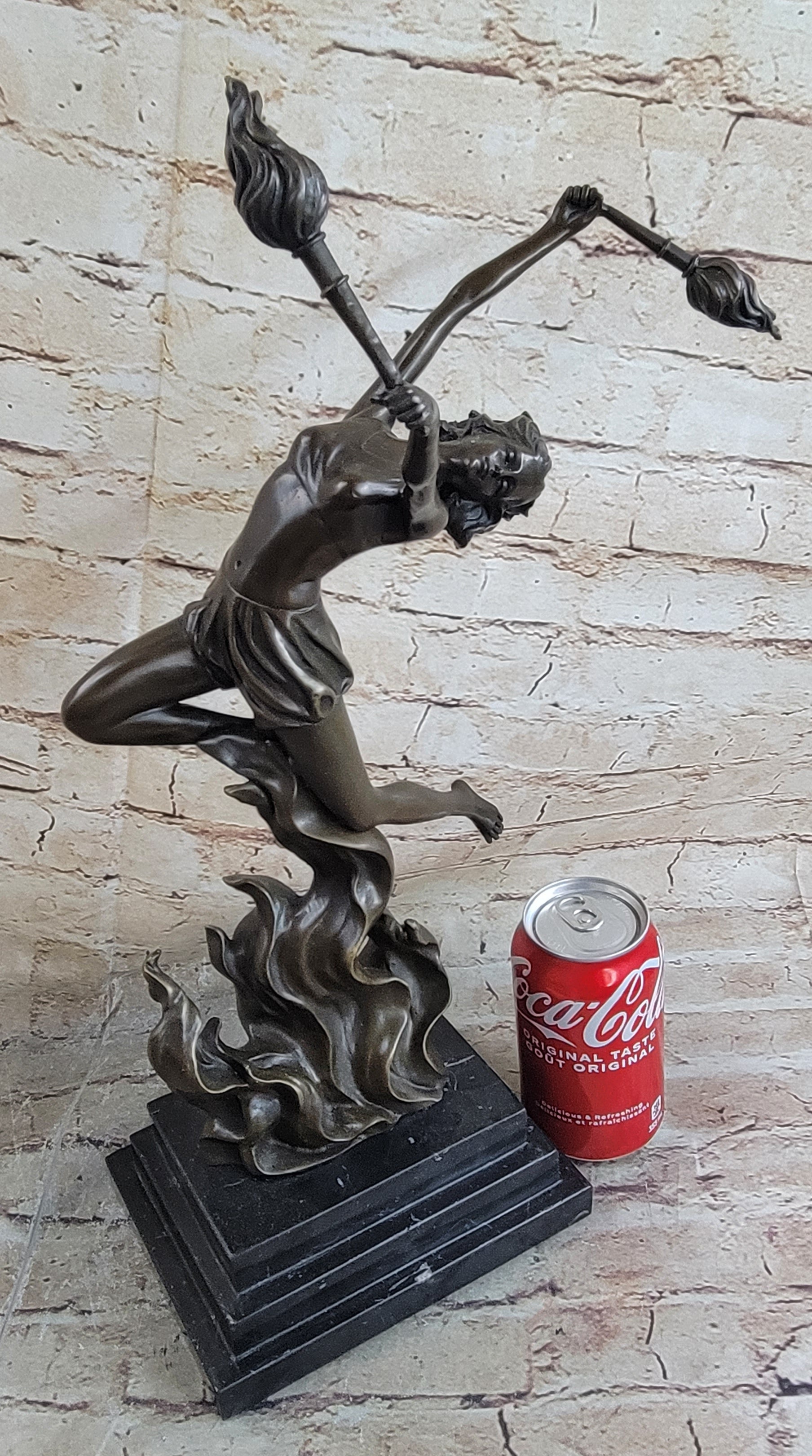 Fire Dancer Girl with Torches Bronze Sculpture Marble Base