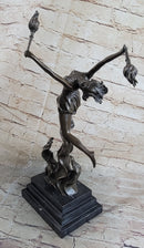Fire Dancer Girl with Torches Bronze Sculpture Marble Base