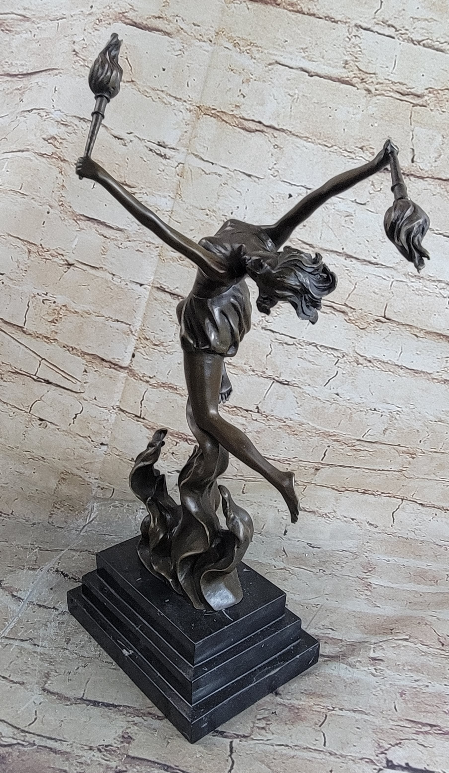 Fire Dancer Girl with Torches Bronze Sculpture Marble Base