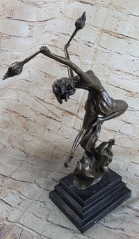 Fire Dancer Girl with Torches Bronze Sculpture Marble Base