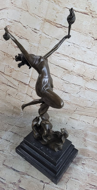 Fire Dancer Girl with Torches Bronze Sculpture Marble Base