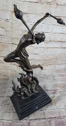 Fire Dancer Girl with Torches Bronze Sculpture Marble Base