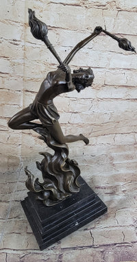 Fire Dancer Girl with Torches Bronze Sculpture Marble Base