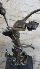 Fire Dancer Girl with Torches Bronze Sculpture Marble Base