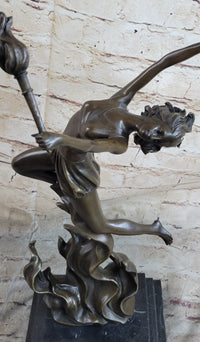Fire Dancer Girl with Torches Bronze Sculpture Marble Base