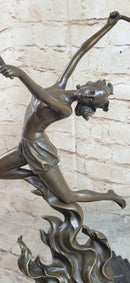 Fire Dancer Girl with Torches Bronze Sculpture Marble Base