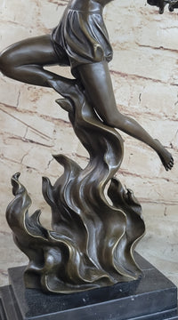 Fire Dancer Girl with Torches Bronze Sculpture Marble Base