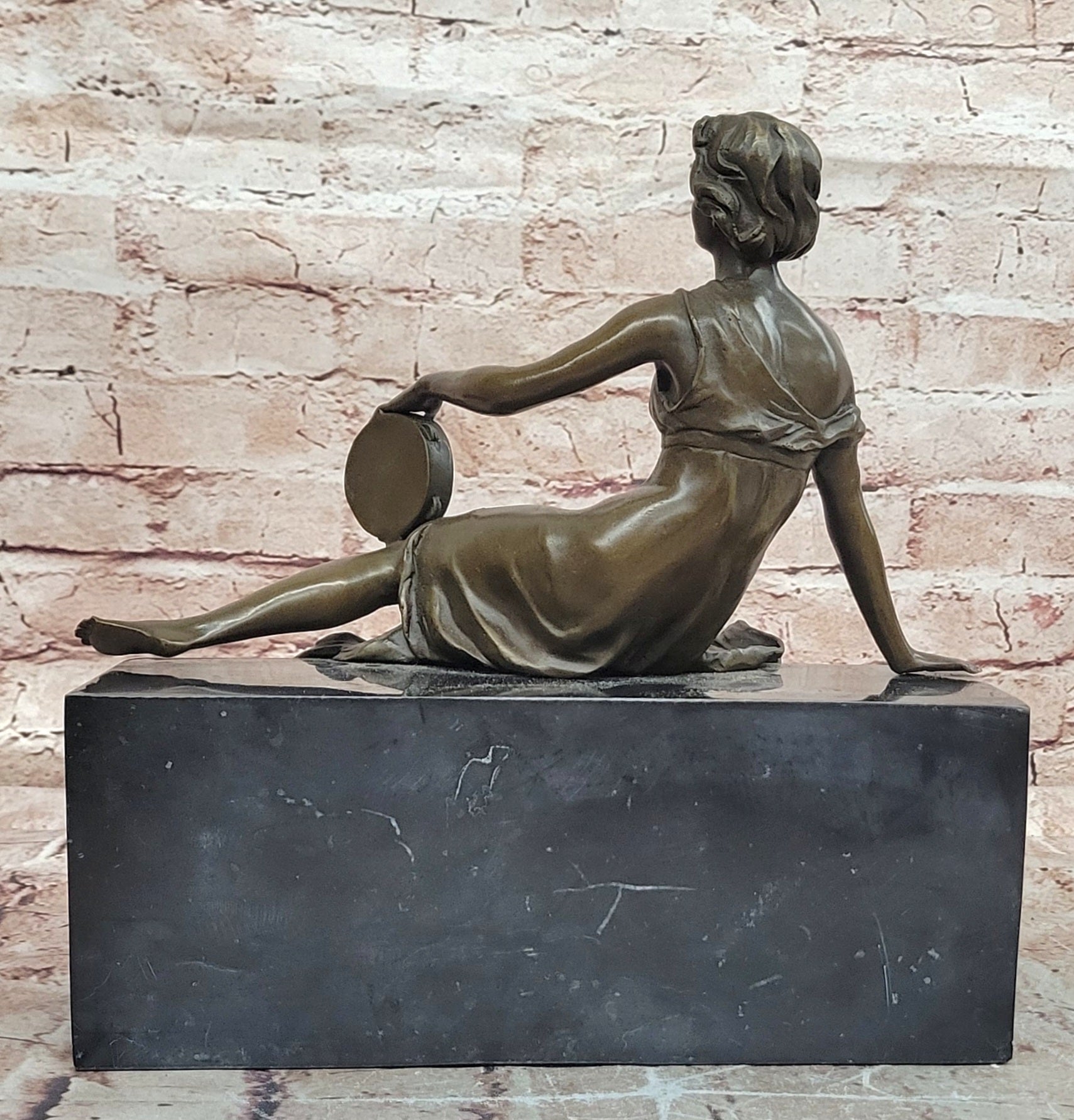 Signed Original Milo Art Nouveau Bronze Sculpture ''Woman with Tambourine'' Statue