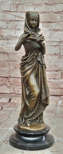 Signed Maiden Reading Book Genuine Bronze Sculpture Hot Cast Figurine