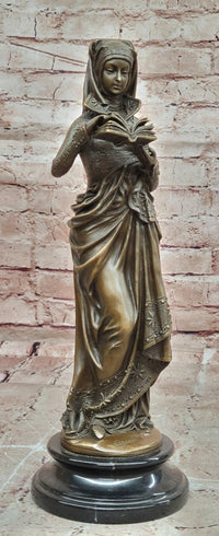 Signed Maiden Reading Book Genuine Bronze Sculpture Hot Cast Figurine