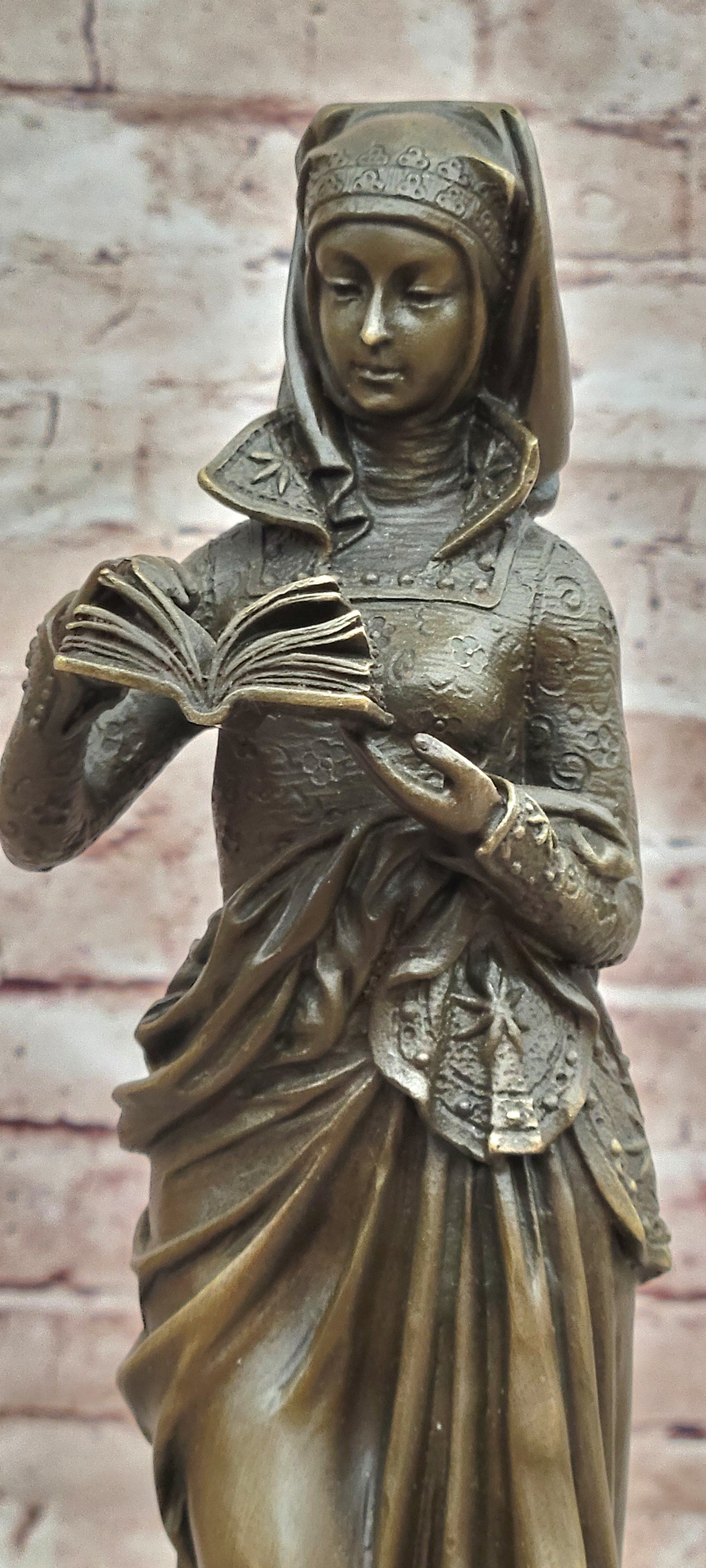 Signed Maiden Reading Book Genuine Bronze Sculpture Hot Cast Figurine