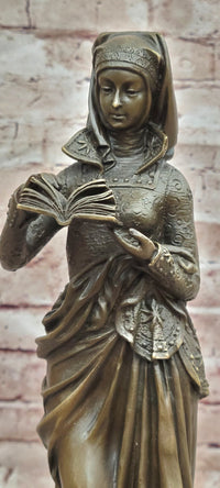 Signed Maiden Reading Book Genuine Bronze Sculpture Hot Cast Figurine