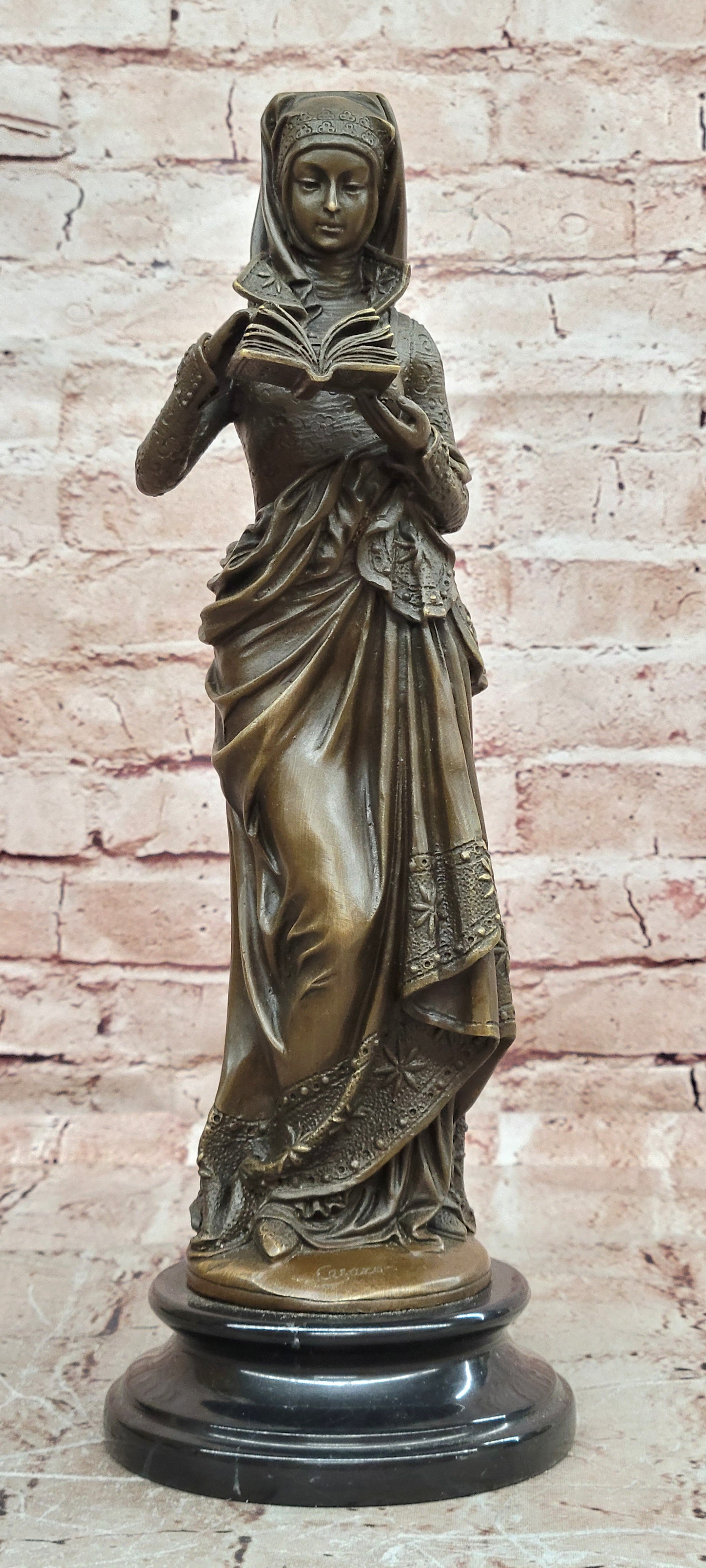 Signed Maiden Reading Book Genuine Bronze Sculpture Hot Cast Figurine