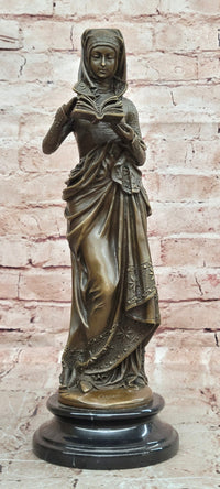 Signed Maiden Reading Book Genuine Bronze Sculpture Hot Cast Figurine