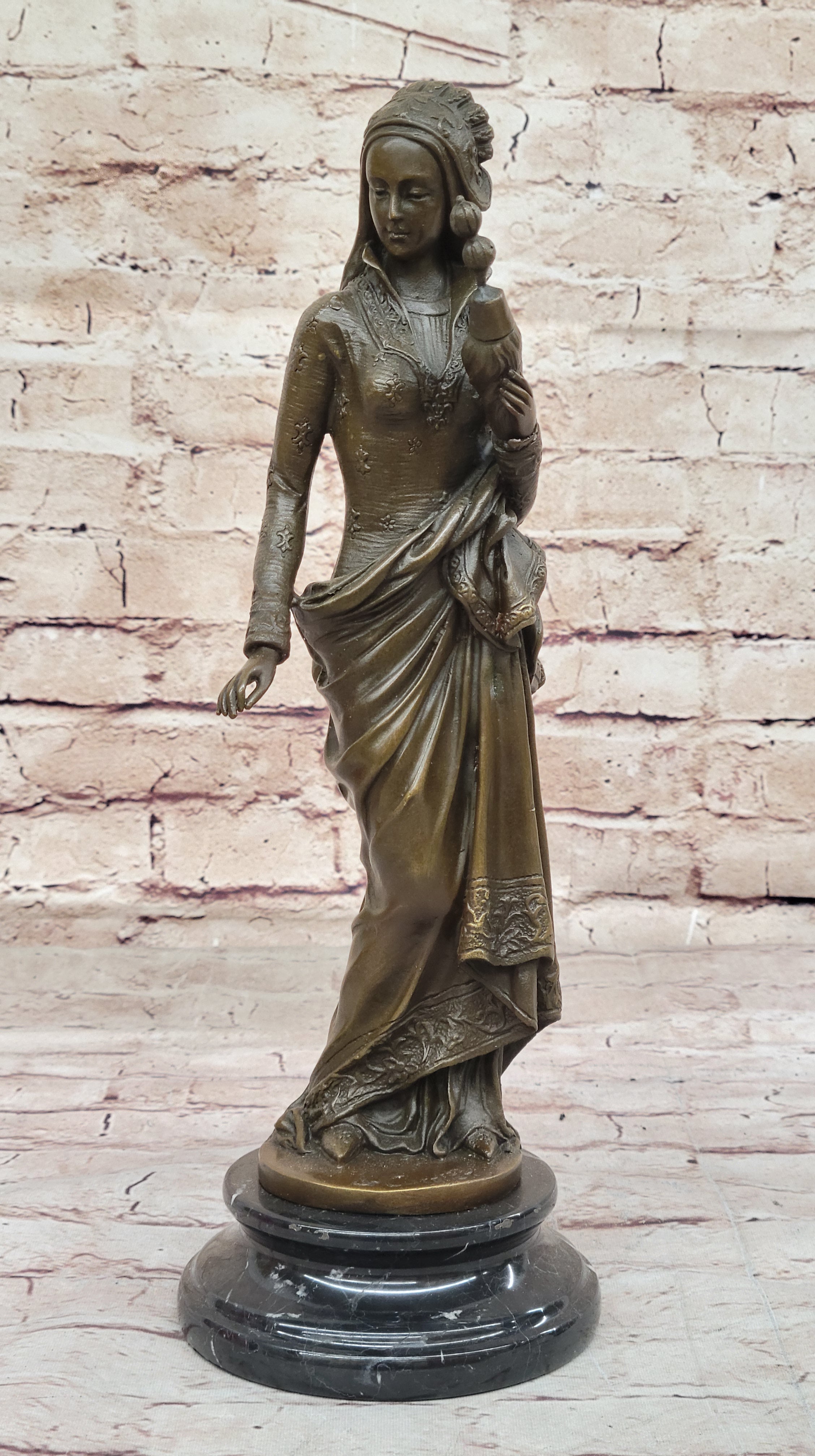 Signed Carrier Exquisite Maiden Bronze Sculpture Marble Base