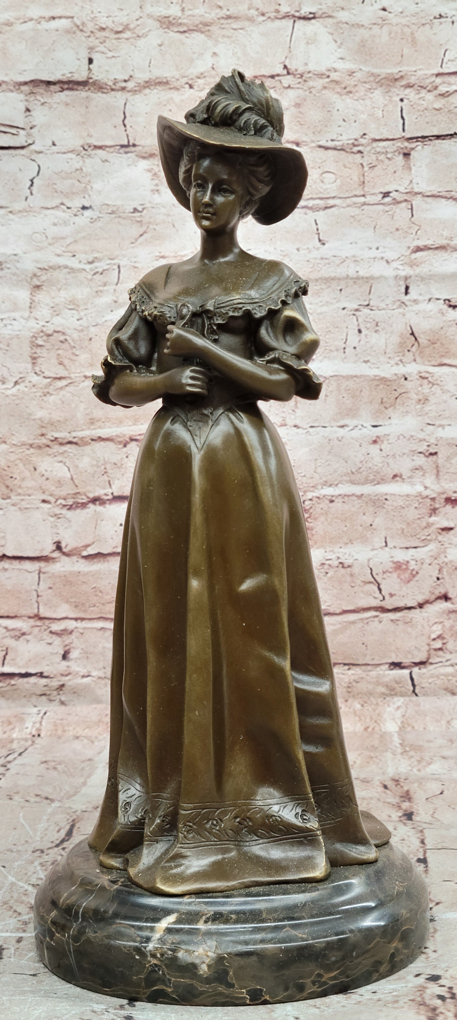 Victorian Era Woman in Hat Bronze Metal Statue Sculpture Art Deco Sculpture