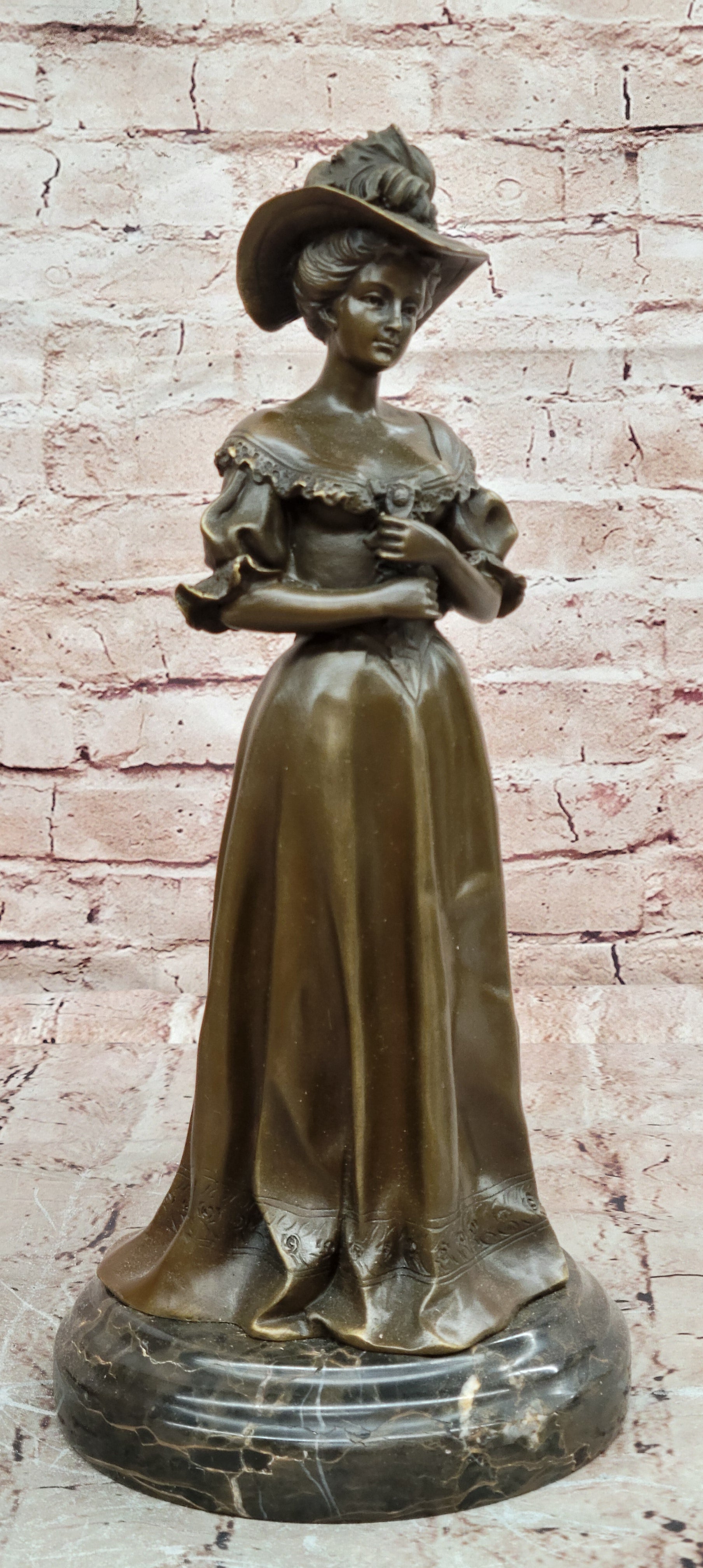 Victorian Era Woman in Hat Bronze Metal Statue Sculpture Art Deco Sculpture
